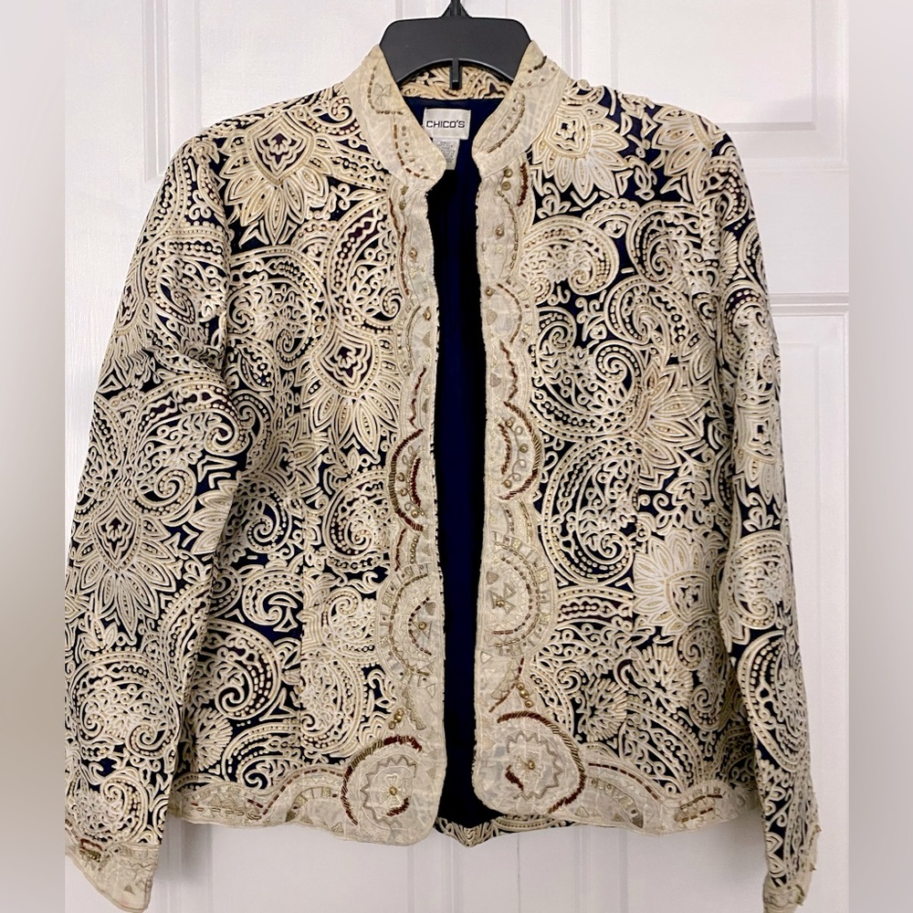 Chico’s Dressy 100% Silk Beaded Blue and Gold Open Jacket Size1